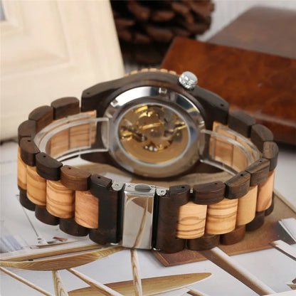 Orologio meccanico da uomo a carica automatica in legno naturale: