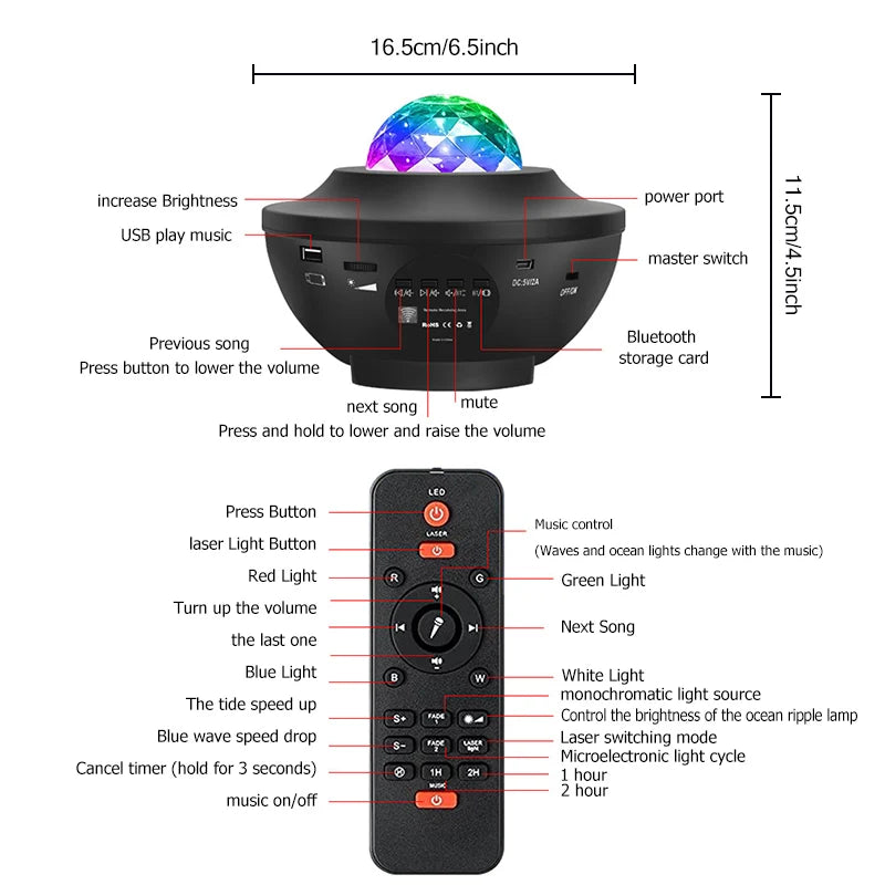 Lettore musicale USB Bluetooth Proiettore stellato Luce notturna: