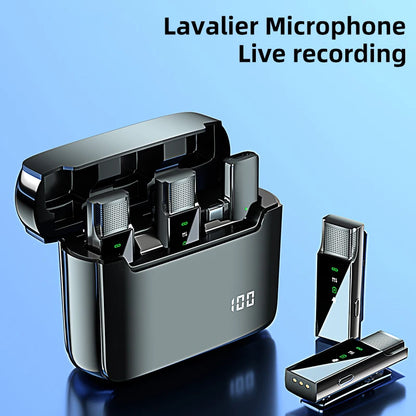 Microfono lavalier wireless con scatola di ricarica a doppio display: