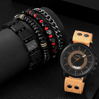 5PCS Hip Hop Men's Fashion Bracelet Watches Set