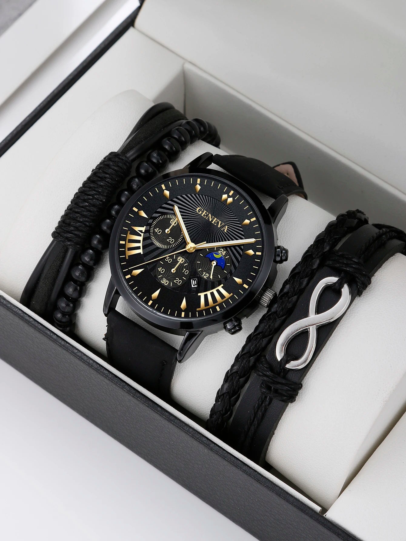 Men's 5PCS Business Quartz Watch Set + 4 Bracelets: