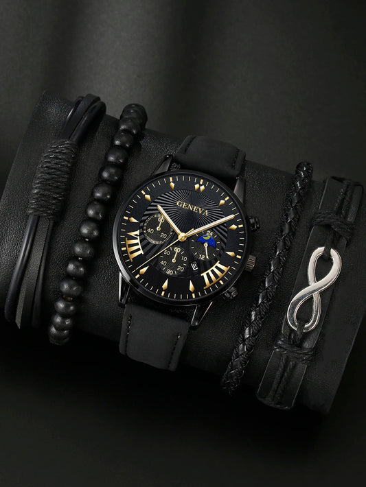 Men's 5PCS Business Quartz Watch Set + 4 Bracelets: