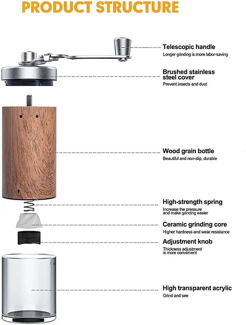 Moulin à grains de café portable en grains de bois avec manivelle en acier inoxydable :