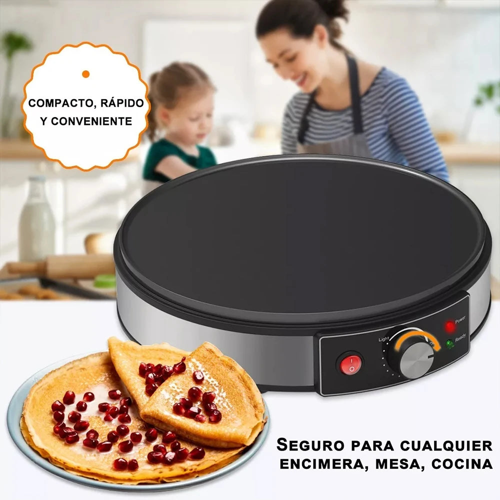 Sure, it's an electric crepe maker machine with a non-stick griddle and a batter spreader, suitable for making crepes and pancakes in the kitchen.: