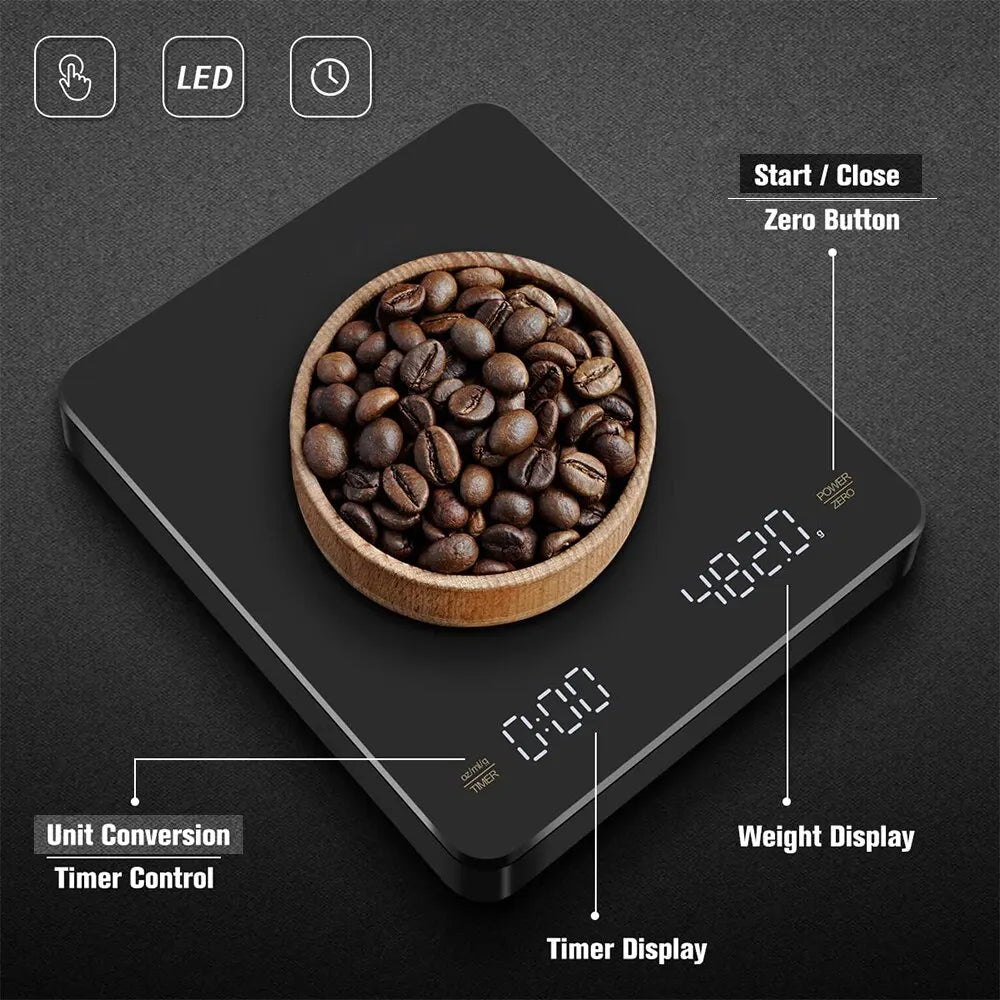 Bilancia da caffè digitale con timer, schermo LED, porta USB: