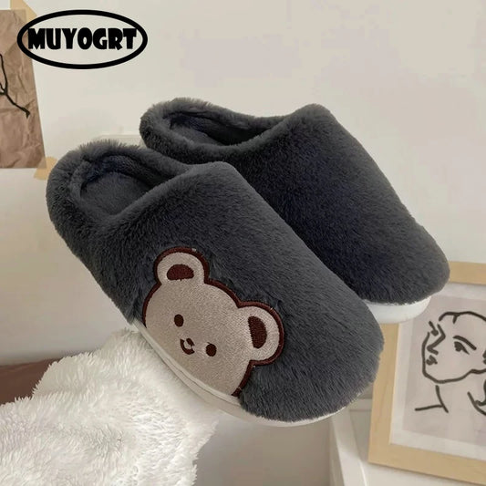 Pantoufles moelleuses pour hommes et femmes, pantoufles d'hiver en peluche, ours de dessin animé, chaussures à semelle épaisse, antidérapantes, pour Couple, pantoufles chaudes pour la maison 