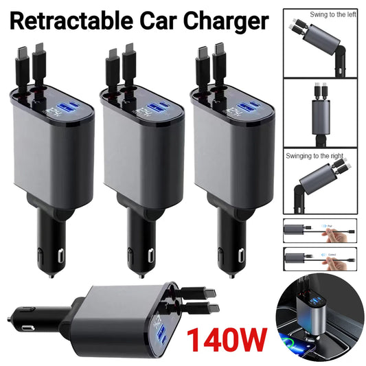 Caricabatteria da auto 4 in 1 da 140 W: USB-C, Ricarica rapida, Allume-Cigare. 