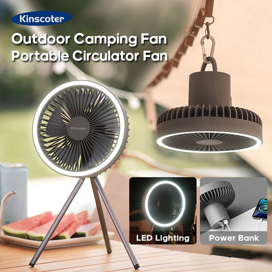 Portable Rechargeable Camping Fan: 10000mAh, LED Lighting, Power Bank.