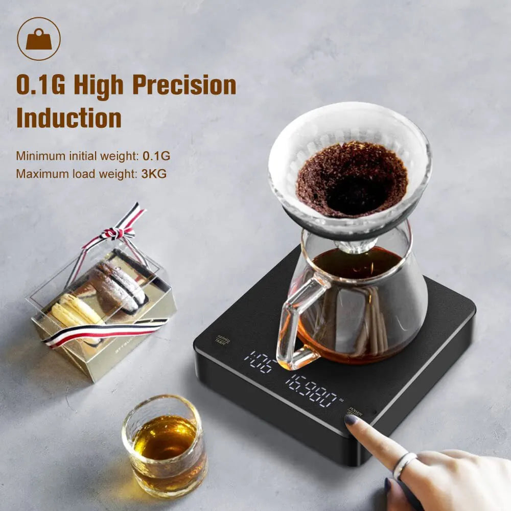 Bilancia da caffè digitale con timer, schermo LED, porta USB: