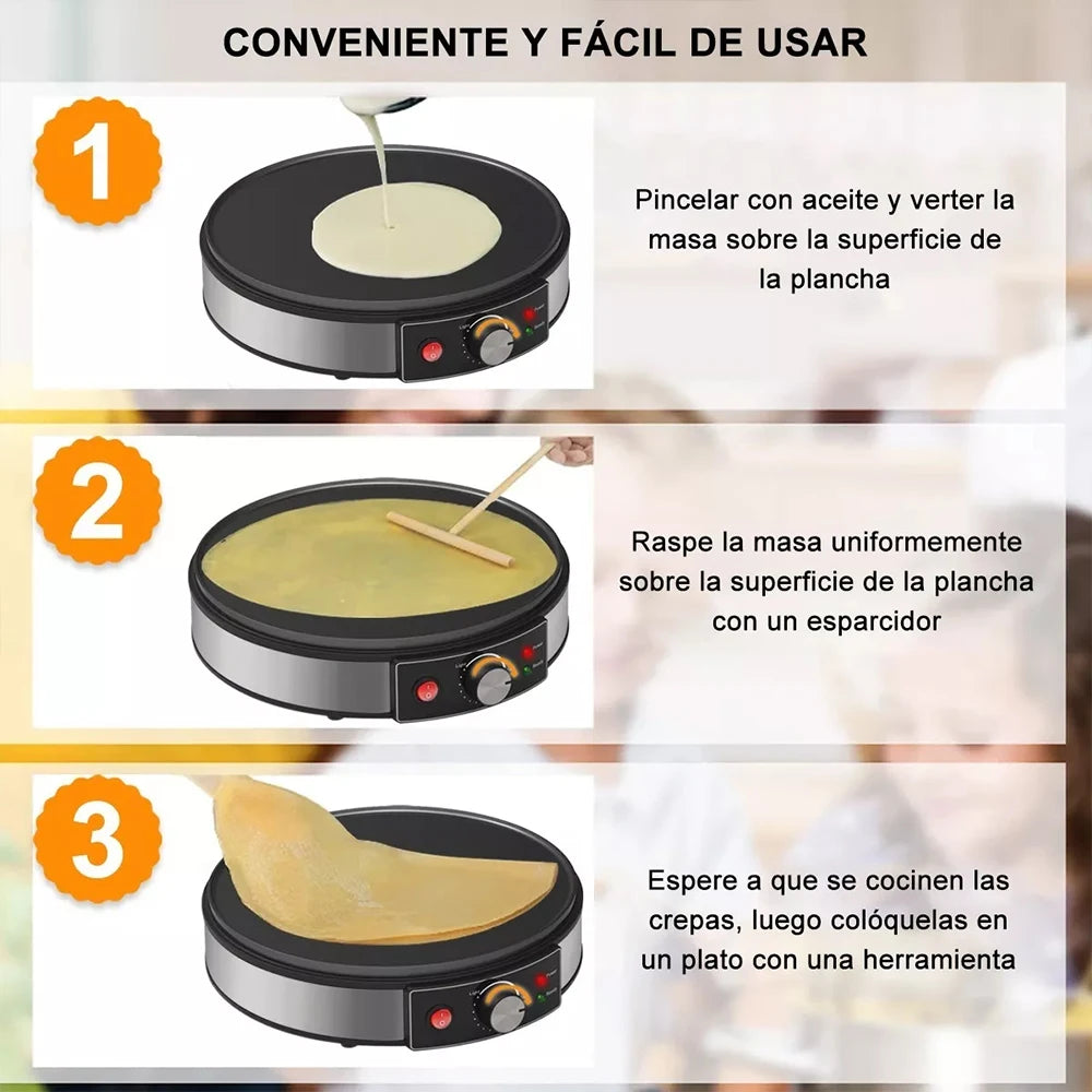 Bien sûr, il s'agit d'une crêpière électrique dotée d'une plaque antiadhésive et d'un étaleur de pâte, adaptée pour réaliser des crêpes et des pancakes en cuisine. :