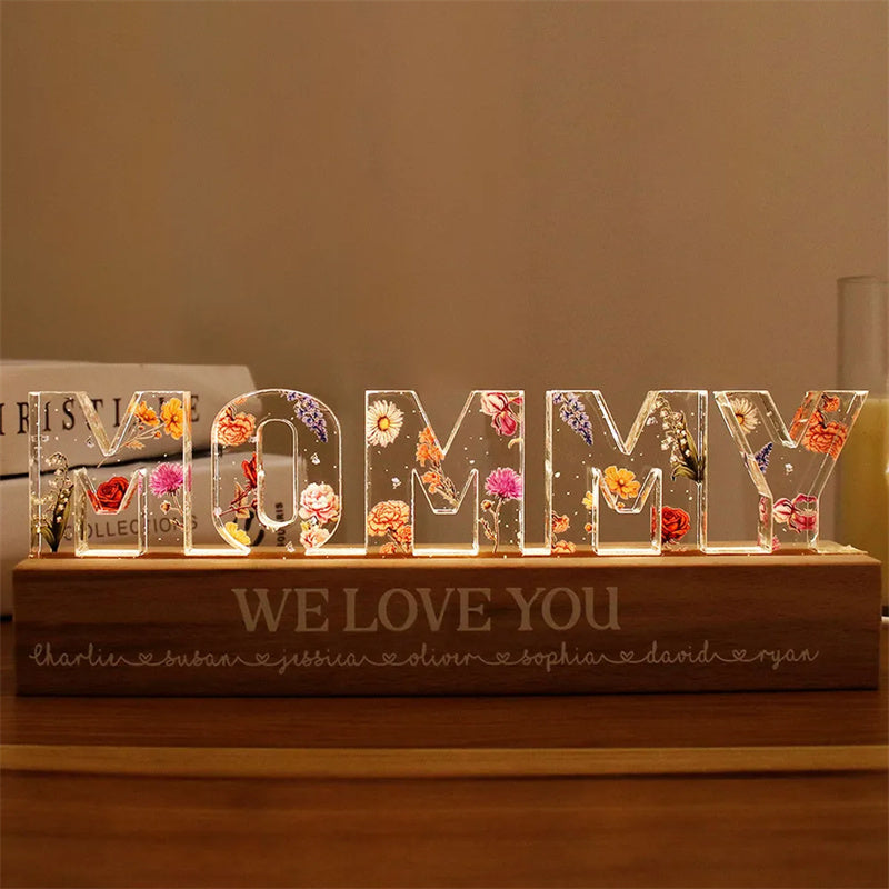 Festa della mamma Fiore personalizzato stampato Luce notturna a LED Regalo creativo Stampa Luce notturna in acrilico Testo Ornamenti floreali per compleanno